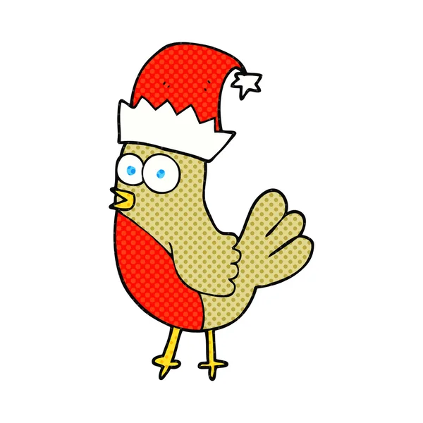 Cartoon robin in christmas hat — Stock Vector