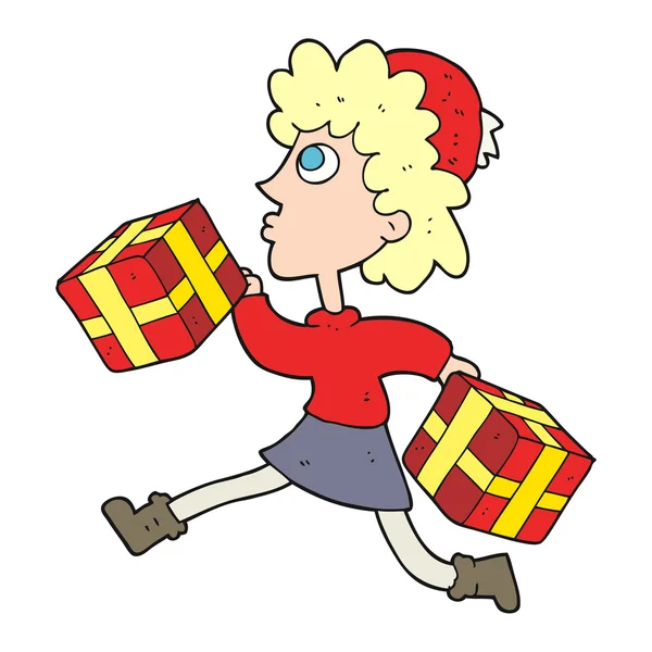 Kreslený běžící žena s dárky — Stockový vektor