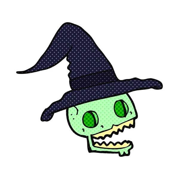 Caveira de desenho animado estilo banda desenhada usando chapéu de bruxa — Vetor de Stock