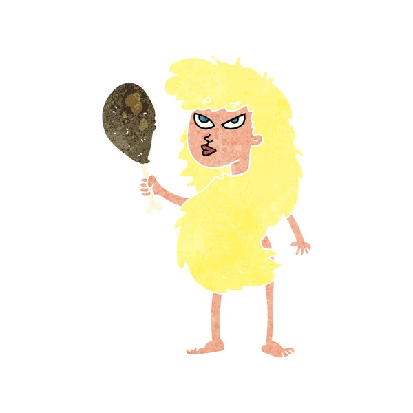 Retro-Cartoon Höhlenfrau mit Fleisch — Stockvektor