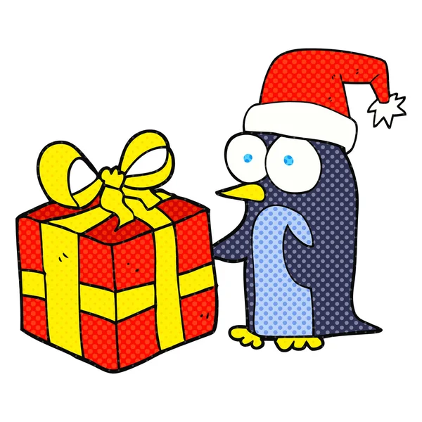 Comic-Stil Cartoon Weihnachtspinguin mit Geschenk — Stockvektor