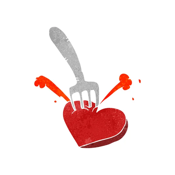 Corazón de dibujos animados retro apuñalado por tenedor — Vector de stock