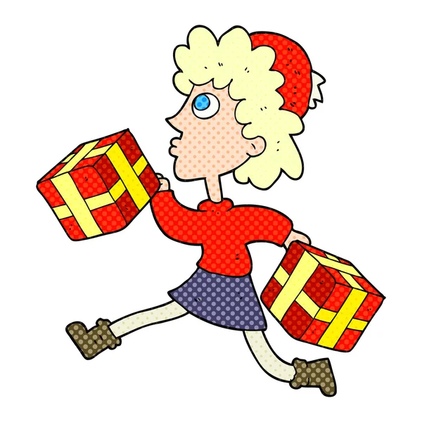 Mujer corriendo de dibujos animados con regalos — Archivo Imágenes Vectoriales