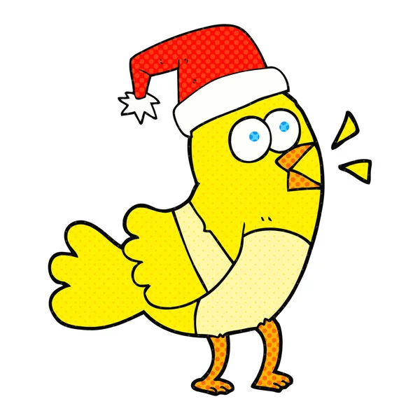 Cartoon bird wearing christmas hat — Stock Vector
