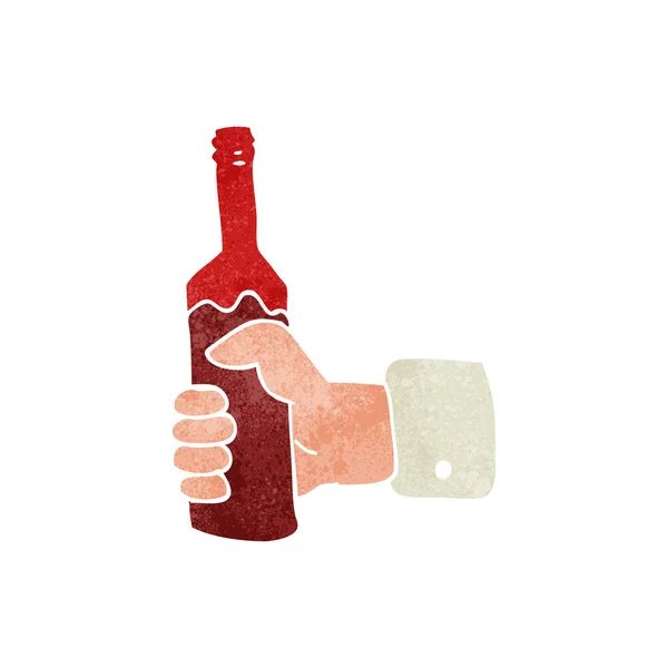 Rétro dessin animé main tenant bouteille de vin — Image vectorielle