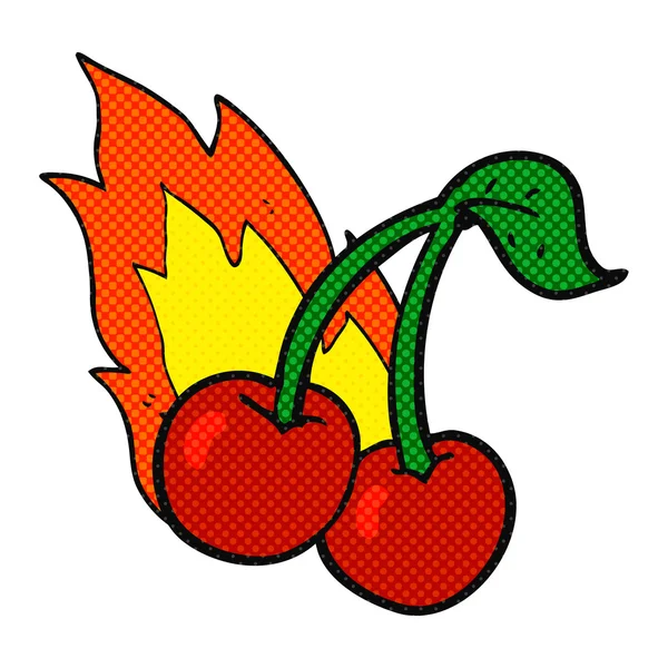 Comic book style cartoon flaming cherries — Stock Vector