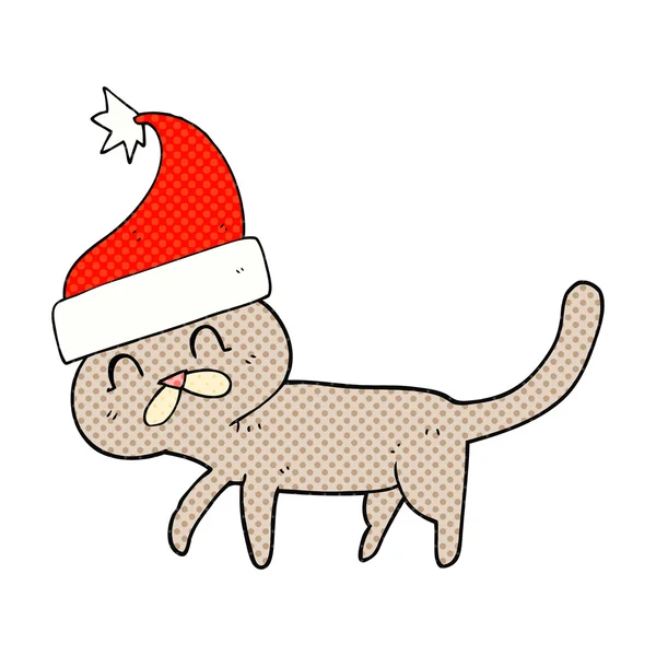 Cartoon cat wearing christmas hat — Stock Vector