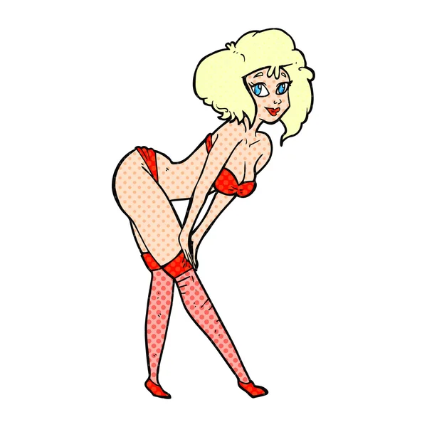 Comic book stijl cartoon pin-up girl zetten kousen — Stockvector