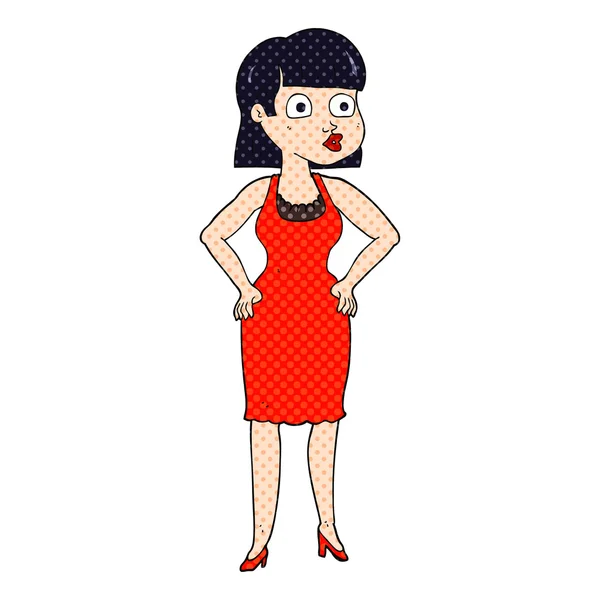 Mujer de dibujos animados en vestido con las manos en las caderas — Vector de stock