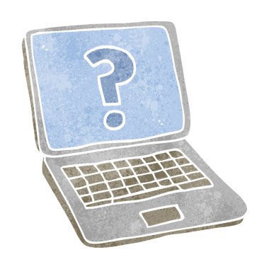 Retro karikatür dizüstü bilgisayar soru işareti ile