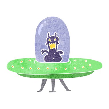 Retro çizgi film uzaylı uçan daire içinde