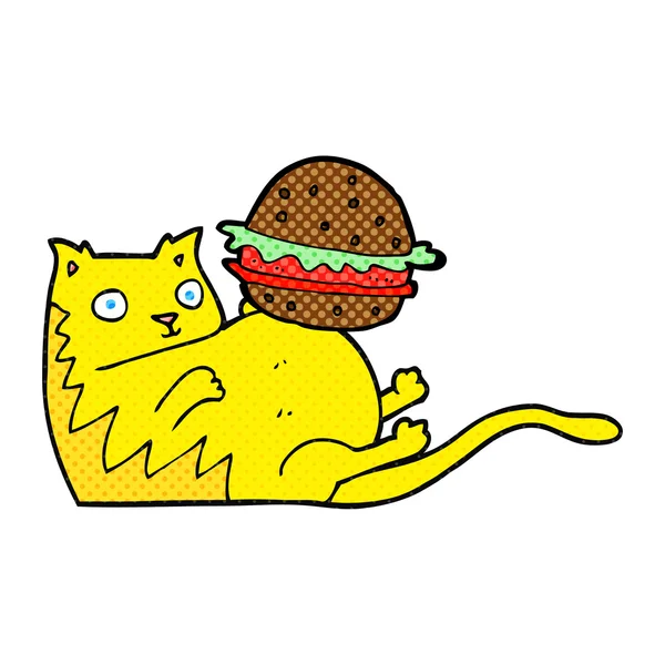 Dibujos animados gato gordo con hamburguesa — Vector de stock