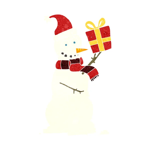 Bonhomme de neige dessin animé rétro tenant présent — Image vectorielle