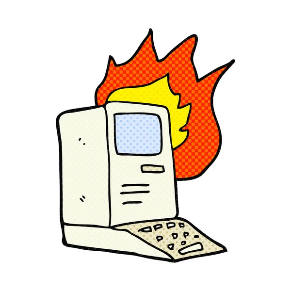 Tecknad gamla dator i brand — Stock vektor