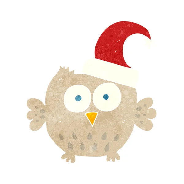 Petit hibou dessin animé rétro portant un chapeau de Noël — Image vectorielle