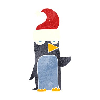 Retro karikatür penguen Noel şapkalı