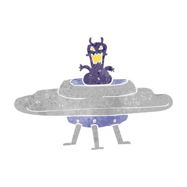 Retro çizgi film uzaylı uçan daire içinde