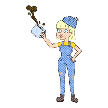 çizgi roman tarzı çizgi film kadın işçi ile kahve kupa