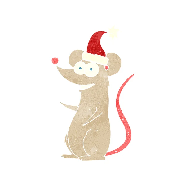 Ποντίκι ρετρό καρτούν που φοράει καπέλο Χριστούγεννα — Διανυσματικό Αρχείο