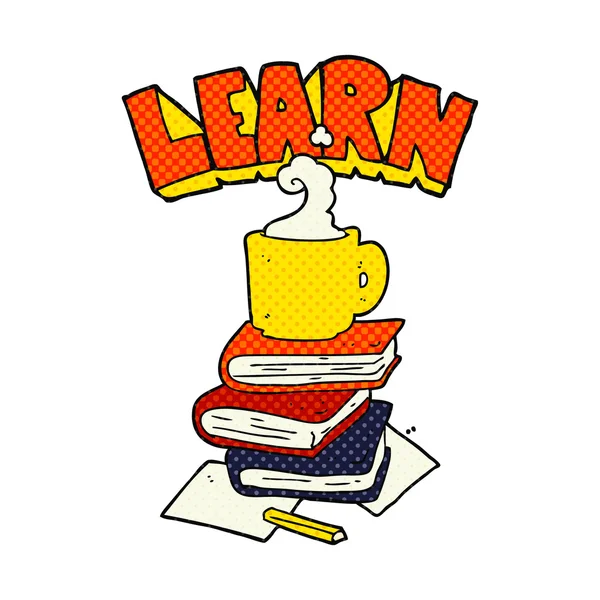 Karikatür kitap ve bilgi simgesi altında kahve fincanı — Stok Vektör