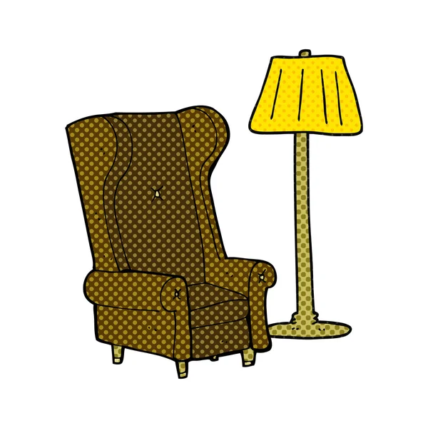 Lámpara de dibujos animados estilo cómic y silla vieja — Vector de stock