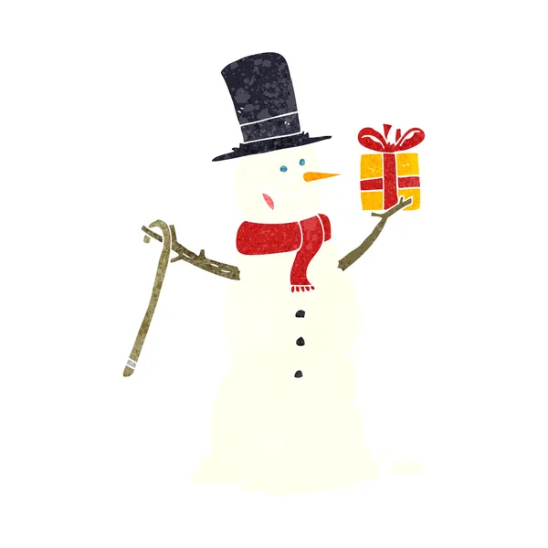 Ретро мультфильм снеговик холдинг подарок — стоковый вектор
