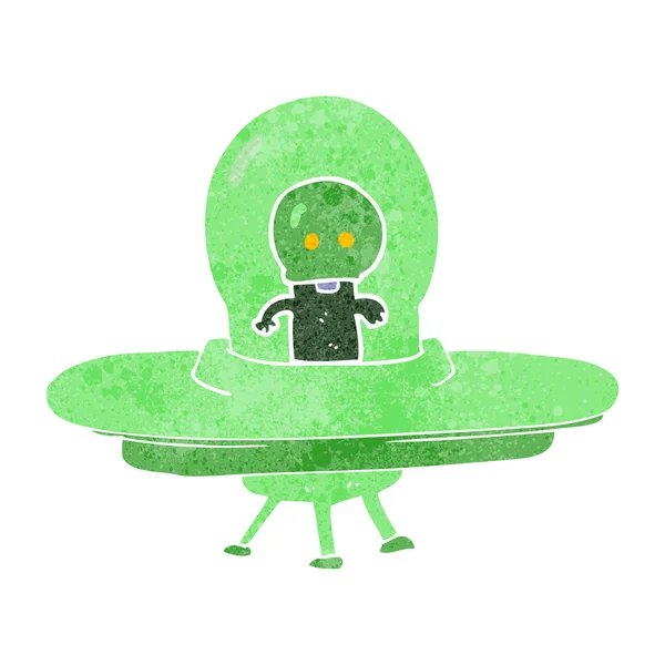 Retro kreslený mimozemšťan v létající talíř — Stockový vektor