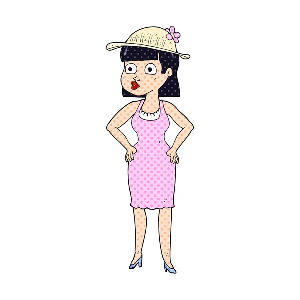 Cartoon vrouw dragen zon hoed — Stockvector
