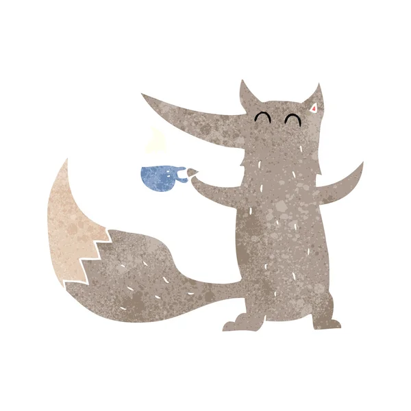 Retro desenho animado lobo com xícara de café —  Vetores de Stock