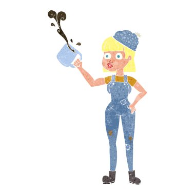 Retro karikatür kadın işçi ile kahve kupa