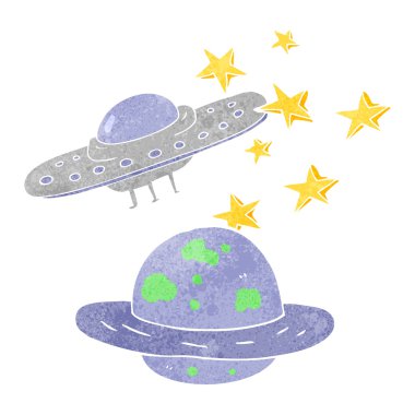 Retro karikatür uçan daire ve gezegen