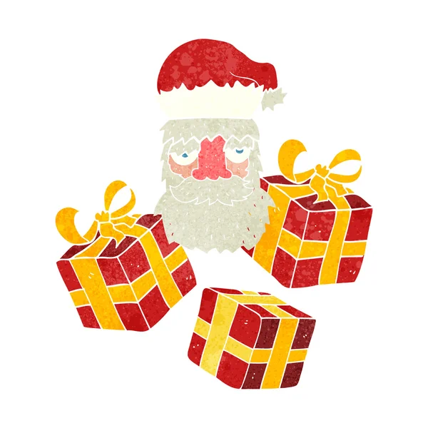 Ретро мультфильм уставший Санта-Клаус лицо с подарками — стоковый вектор