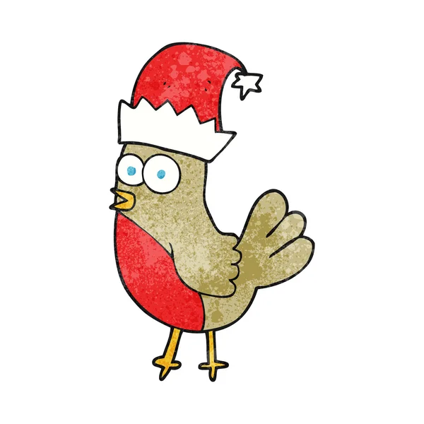 Bande dessinée texturé robin dans le chapeau de Noël — Image vectorielle