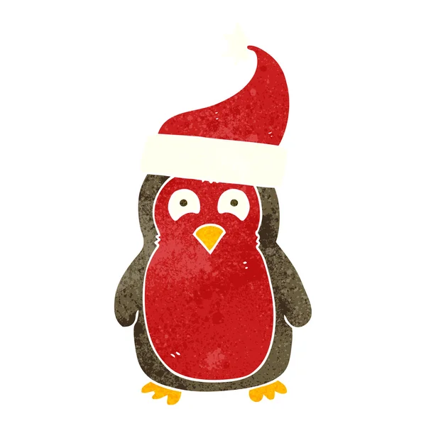 Retro cartoon christmas robin wearing santa hat — Stock Vector