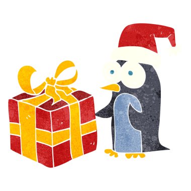 Retro karikatür Noel penguen ile hediye