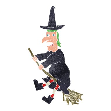 retro karikatür cadı uçan süpürge üzerinde