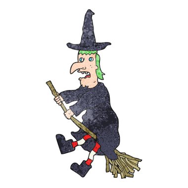 uçan süpürge üzerinde dokulu karikatür cadı