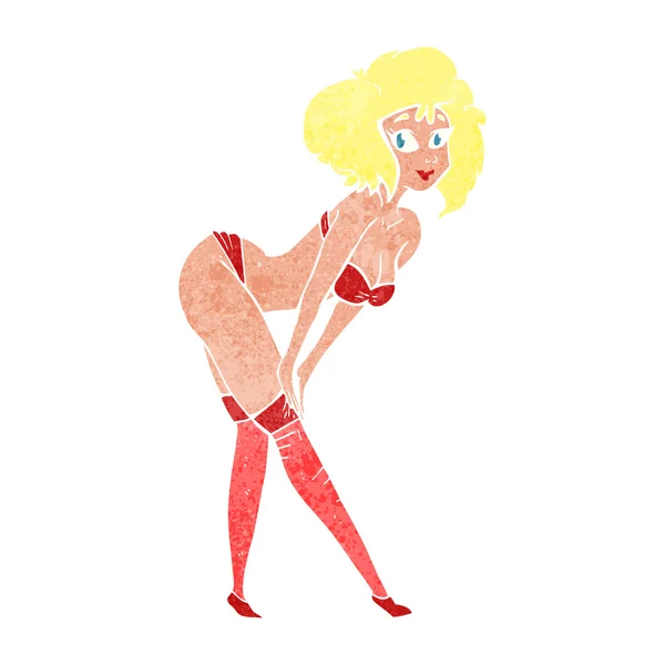 Retro cartoon pin-up girl att sätta på strumpor — Stock vektor