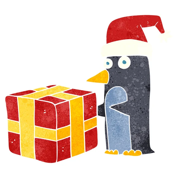 Retro-Cartoon-Weihnachtspinguin mit Geschenk — Stockvektor
