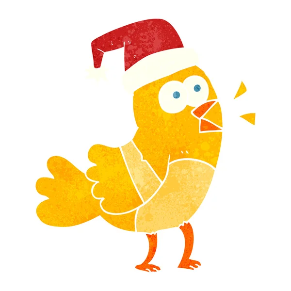 Oiseau de bande dessinée rétro portant chapeau de Noël — Image vectorielle