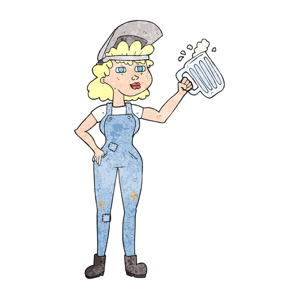 Texturizado dibujos animados mujer trabajadora con cerveza — Vector de stock