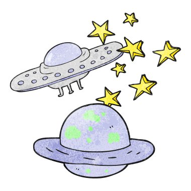 dokulu karikatür uçan daire ve gezegen