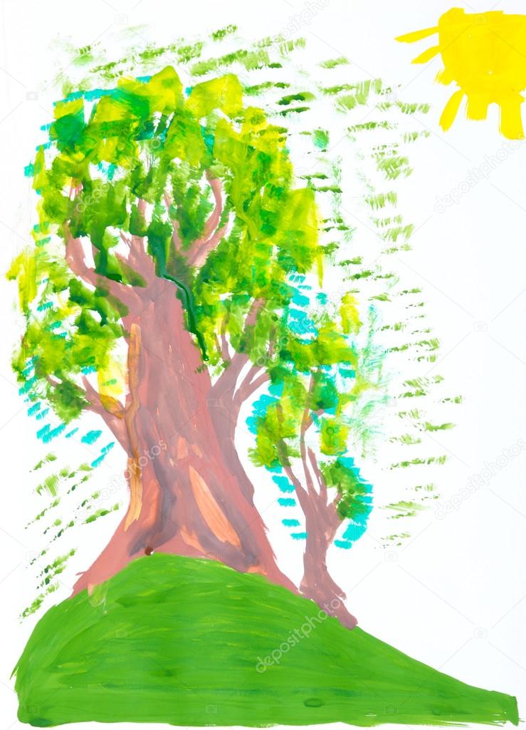 Rysunek W Gwasz Dziecka Drzewa I Słońce Zdjęcie Stockowe