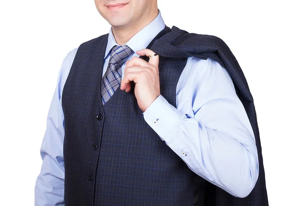 Moda męska. Biznes garnitur z kamizelka ramienia podwieszane jego kurtka — Zdjęcie stockowe
