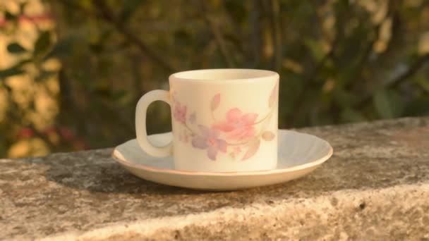 Tazza Caffè Alla Luce Del Sole Del Mattino Estate Look — Video Stock