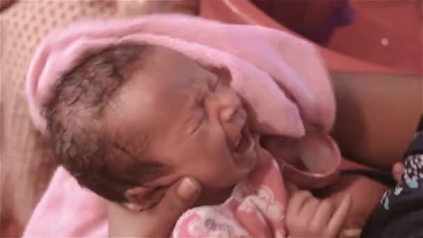 新生児が風呂に入る 美しい新生児の男の子のクローズアップ 15日間 母親の膝の上に横たわっている 母親は赤ん坊を慰めて掃除し — ストック動画