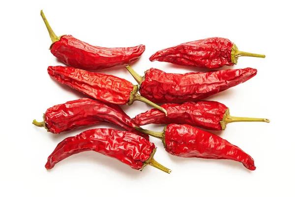 Vista Superior Pimiento Rojo Los Pimientos Secos Agrupan Sobre Fondo — Foto de Stock