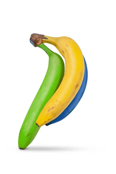 Banan Białym Tle Trzy Wielobarwne Banany Banda Żółtych Niebieskich Zielonych — Zdjęcie stockowe