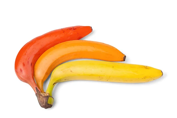 Banan Izolowany Białym Tle Dojrzałe Wielobarwne Banany Bukiet Żółtych Czerwonych — Zdjęcie stockowe