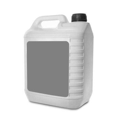 Plastik kutu beyaz arka planda izole edilmiş. Boş gri etiketli beyaz teneke kutu ve siyah kapak. Marka, marka ve ambalaj tasarımı için hazırlan. Yan görünüm.